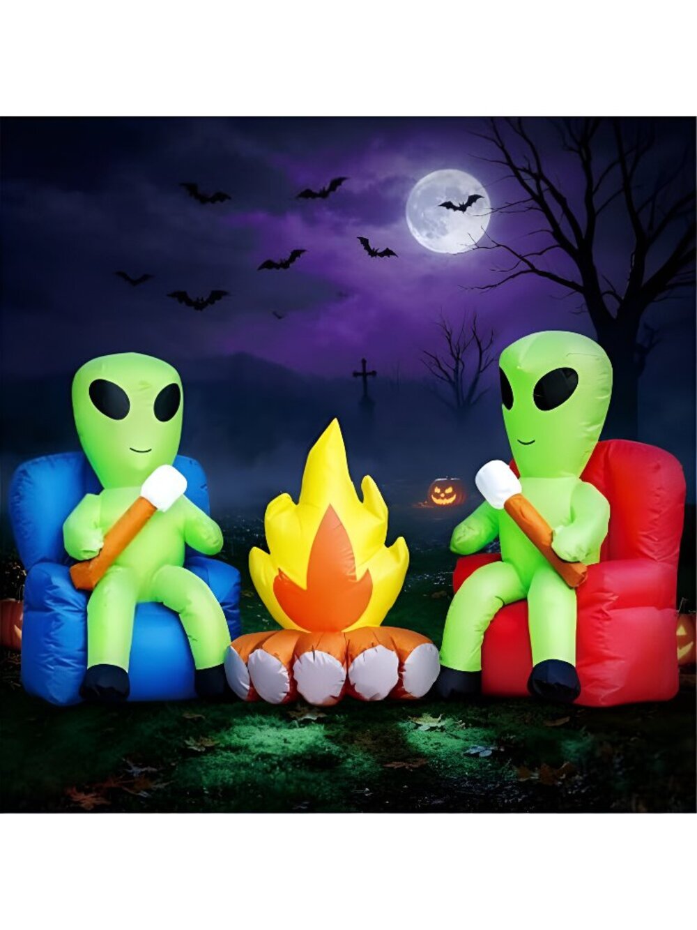 6FT Halloween Inflatable Blow Up Decorations, Cute Aliens Roasting Marshmallows